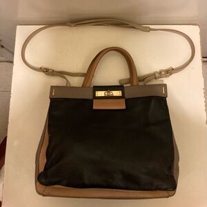 Black and Tan Leather Tote Handbag - Women's Shoulder Bag